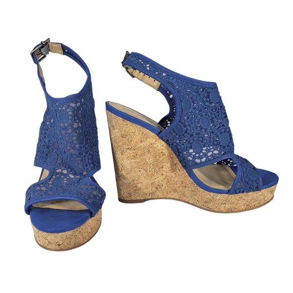 Lucky Brand RAZIAH Blue Lace Material Upper 5" inch Cork Wedge Heel Sandals 7.5M - Picture 1 of 6